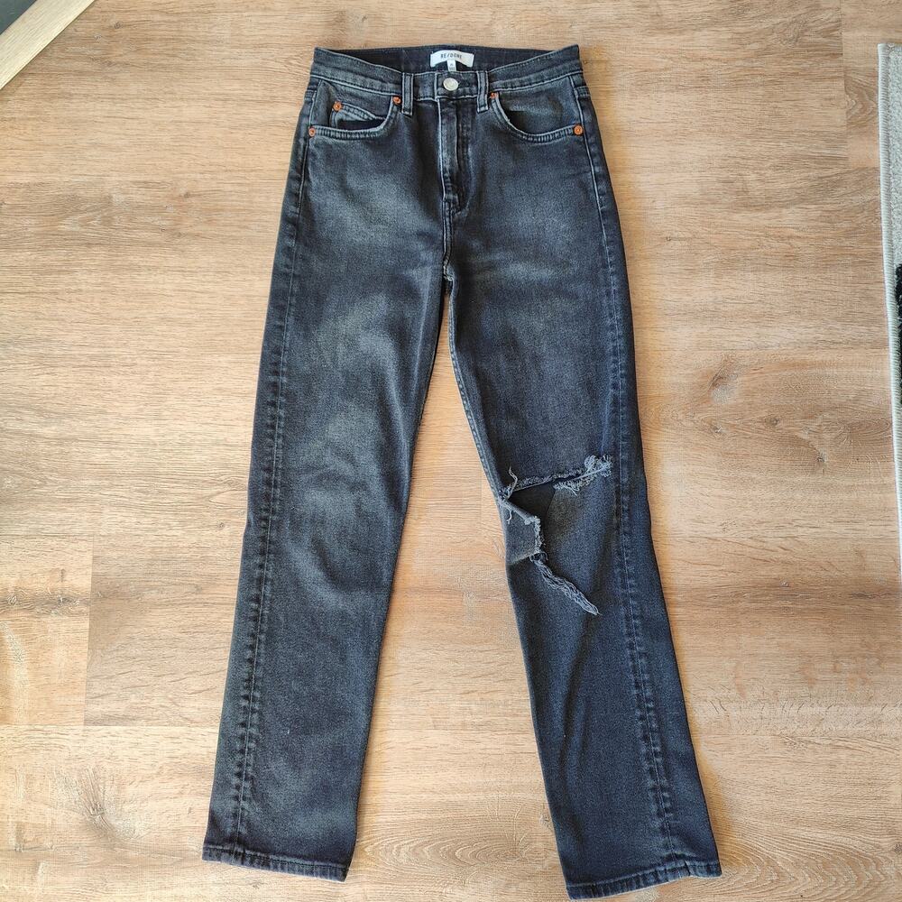 Re/Done‎ Originals 70s Straight Jeans Womens 25 Washed Noir Knee Rip Black